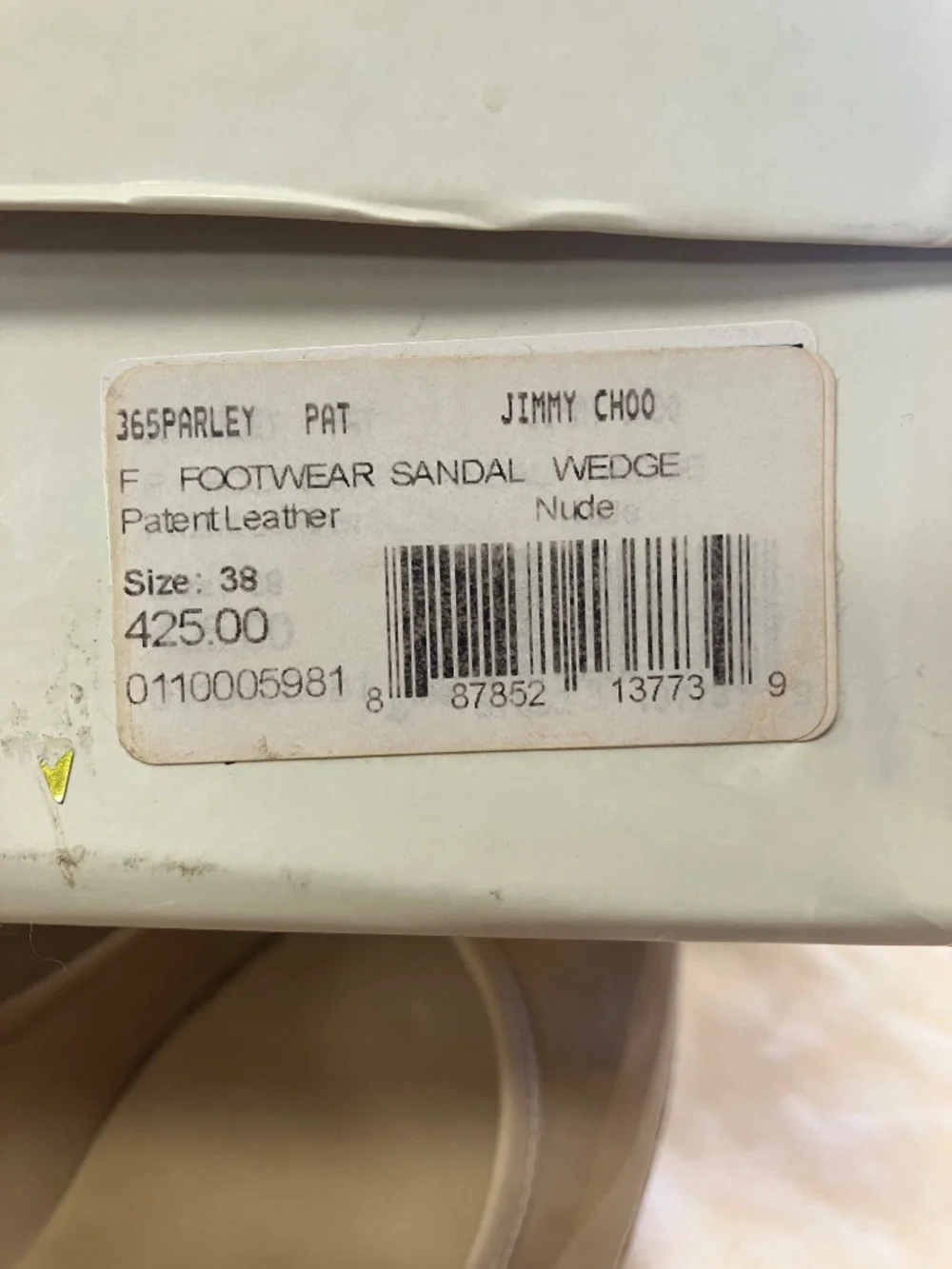 NEW Jimmy Choo USA 7 - Open Toe, Nude (Tan, Beige), Patent Leather, Cork Wedges